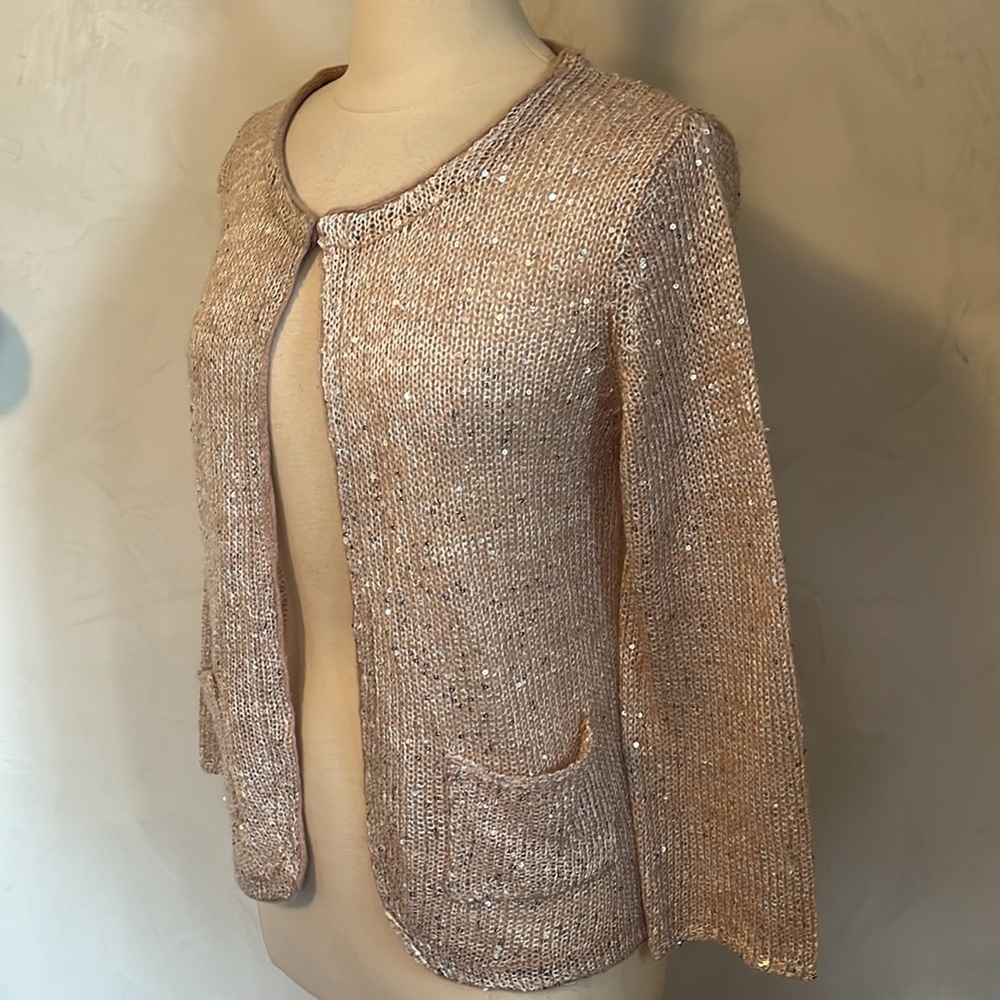 Taylor Marc’s Pink sequins light weight semi shear cardigan w/pockets Size Large - Picture 5 of 11